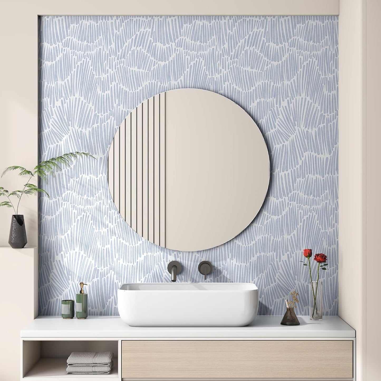 Theper Beige Wallpaper 17.3"×78.8" Modern Striped Peel and Stick Wallpaper Boho Removable Self Adhesive Wall Paper for Bedroom Waterproof White and Gold Contact Paper for Cabinets Vinyl
