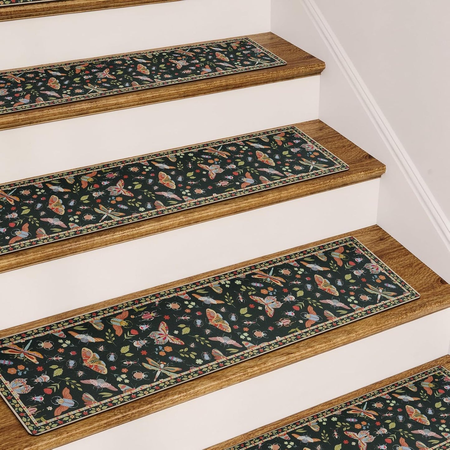 OJIA Insect Print Stair Treads Non Slip Stair Runners for Wooden Steps Indoor, 15PCS 8"x30" Rubber Backing Carpet Treads for Wood Stairs Staircase Step Treads for Kids & Dogs, Stair Covers, Black