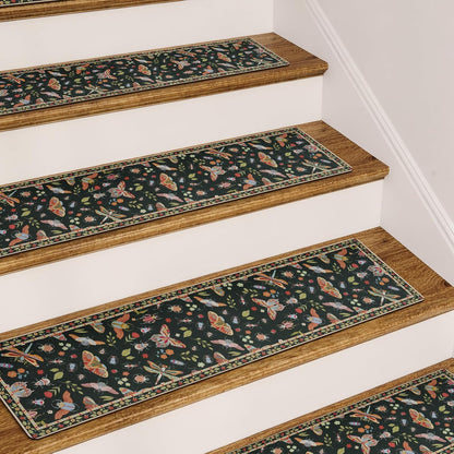 OJIA Insect Print Stair Treads Non Slip Stair Runners for Wooden Steps Indoor, 15PCS 8"x30" Rubber Backing Carpet Treads for Wood Stairs Staircase Step Treads for Kids & Dogs, Stair Covers, Black