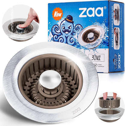 Sink Drain Strainer - Sink Stopper Kitchen Drain, 3 in 1 Kitchen Sink Drain Strainer with Anti-Clogging Basket, Kitchen Gadgets Clearance Sink Accessories, Fit US Standard 3-1/2'' Sink Hole, Silver