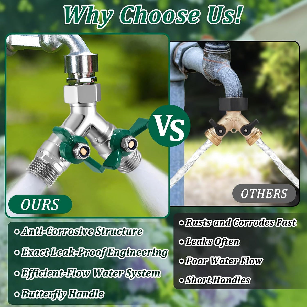 Garden Hose Splitter 2 Way, Heavy Duty Brass Hose Splitter, 3/4" GHT Hose Y Splitter with Shutoff, Full Flow Outdoor Faucet Splitter, Water Hose Y Valve Tap Adapter