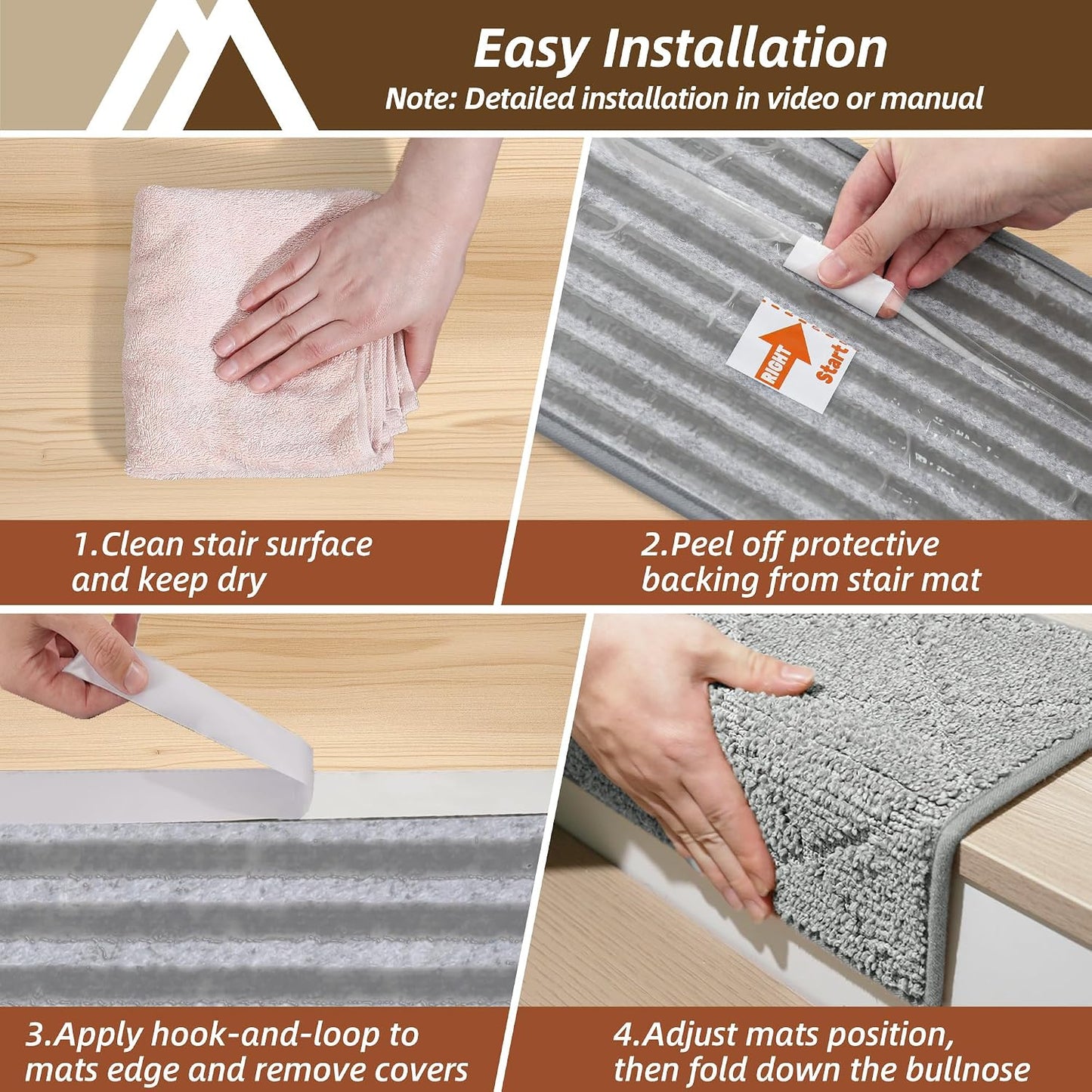 Self Adhesive Bullnose Carpet Stair Treads Non Slip,Grey,11"x30",3 Pack | Pet Friendly, Peel and Stick Stair Treads for Wooden Steps, Washable Stair Runner for Kids Elders, Edge Protection