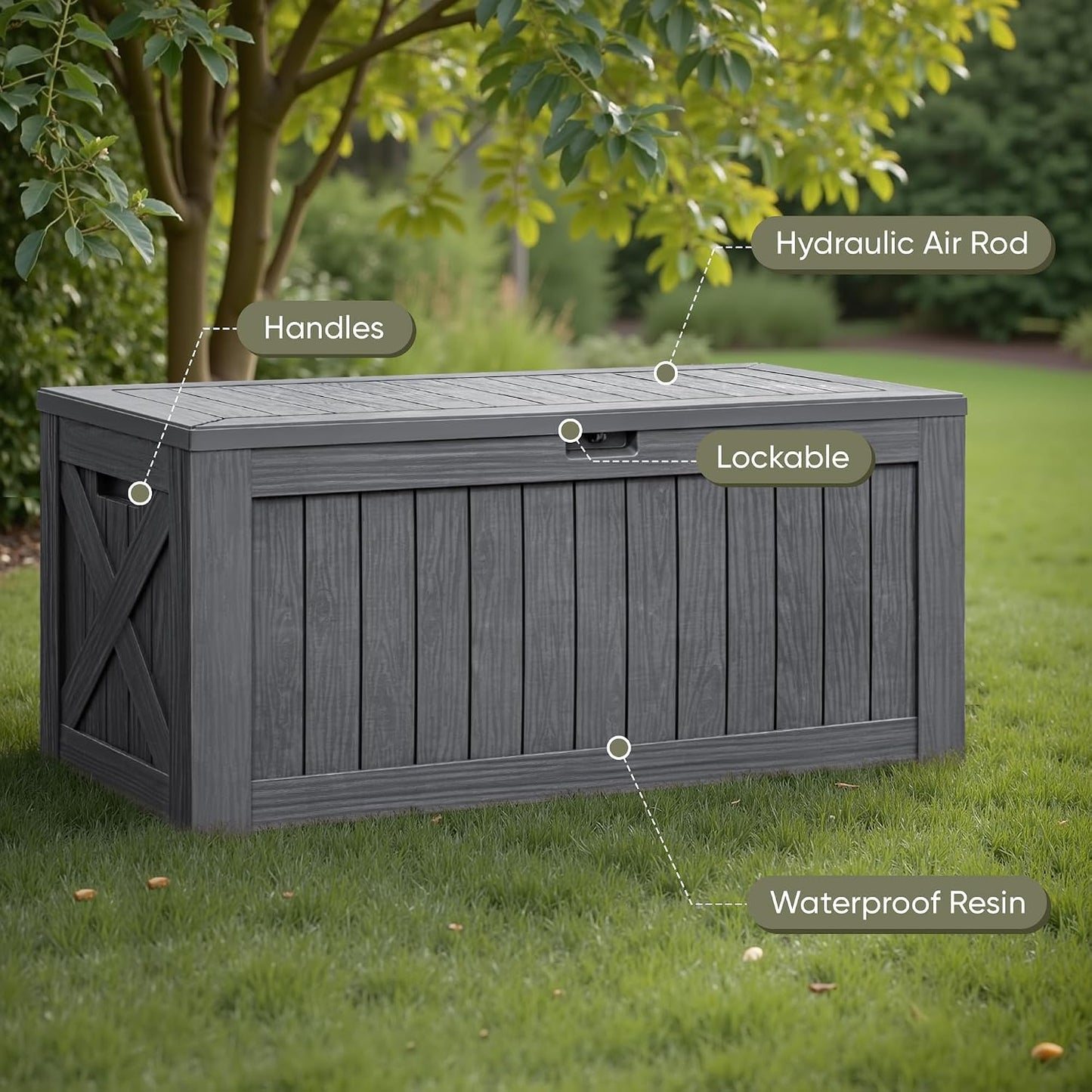 Flamaker Resin Deck Box 120 Gallon Waterproof Large Outdoor Indoor Storage Box Imitation Wood Resin for Patio Furniture Garden Tools and Pool (Black)