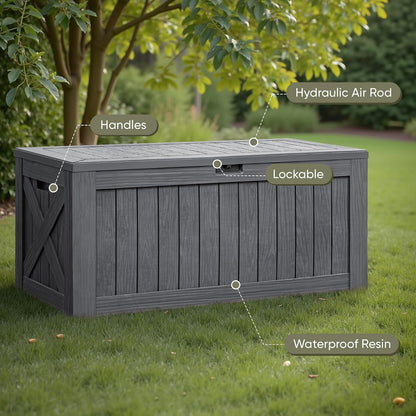 Flamaker Resin Deck Box 120 Gallon Waterproof Large Outdoor Indoor Storage Box Imitation Wood Resin for Patio Furniture Garden Tools and Pool (Black)