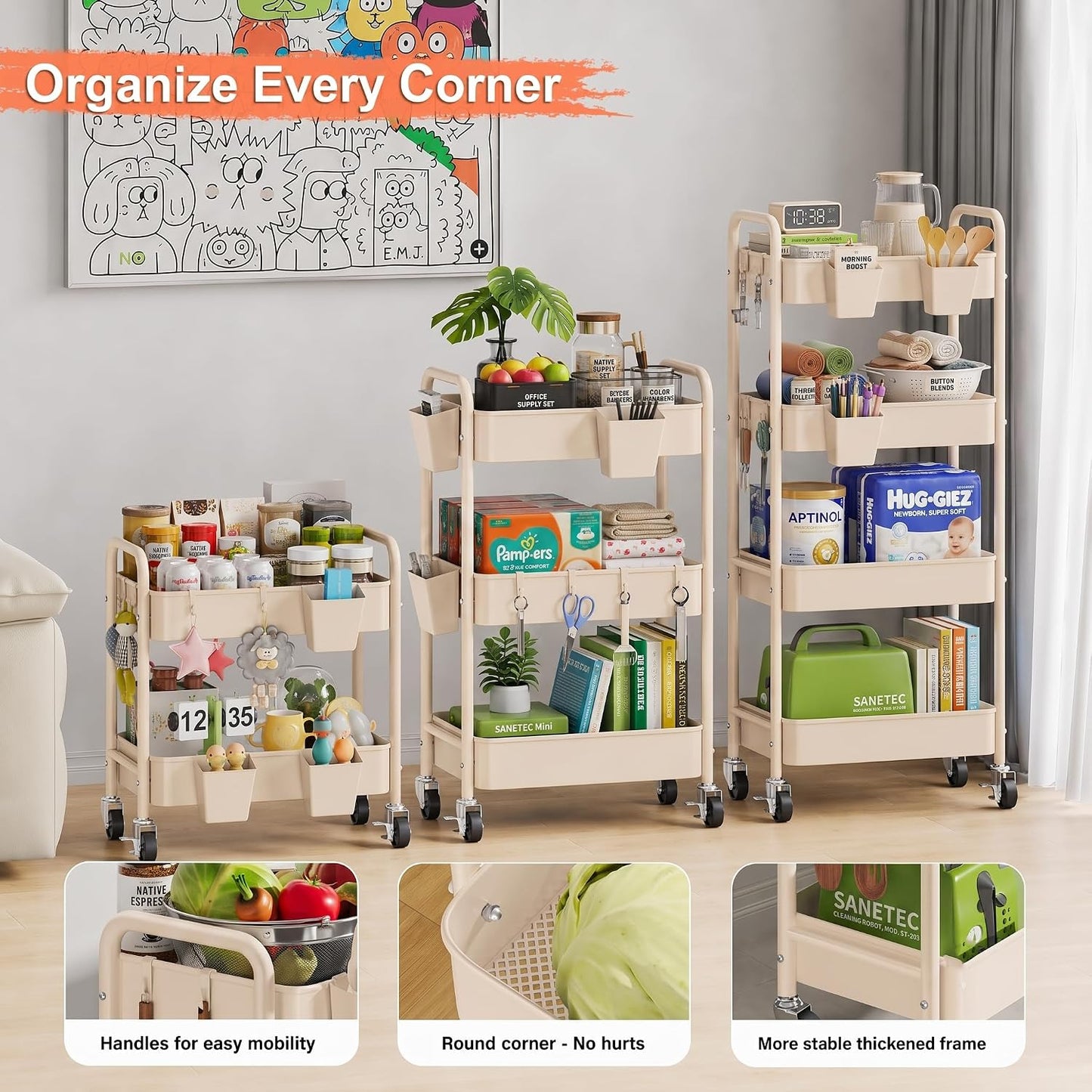 2 Tier Small Rolling Cart Metal with Wheels, White Under Desk Storage Cart on Wheels, Short Utility Roller Caddy Carts Organizer for Art,Craft,Pantry,Bathroom, Two Tiered Shelf Trolley,22 Inches Tall