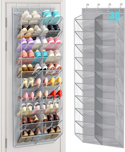 MISSLO 30 Pairs Over the Door Shoe Organizer Breathable Mesh Hanging Shoe Rack for Closet Storage with Wide Deep Pockets 10 Tier Shoes Holder Fit All the Family's Sneakers, Boots, Heels (White, 71")
