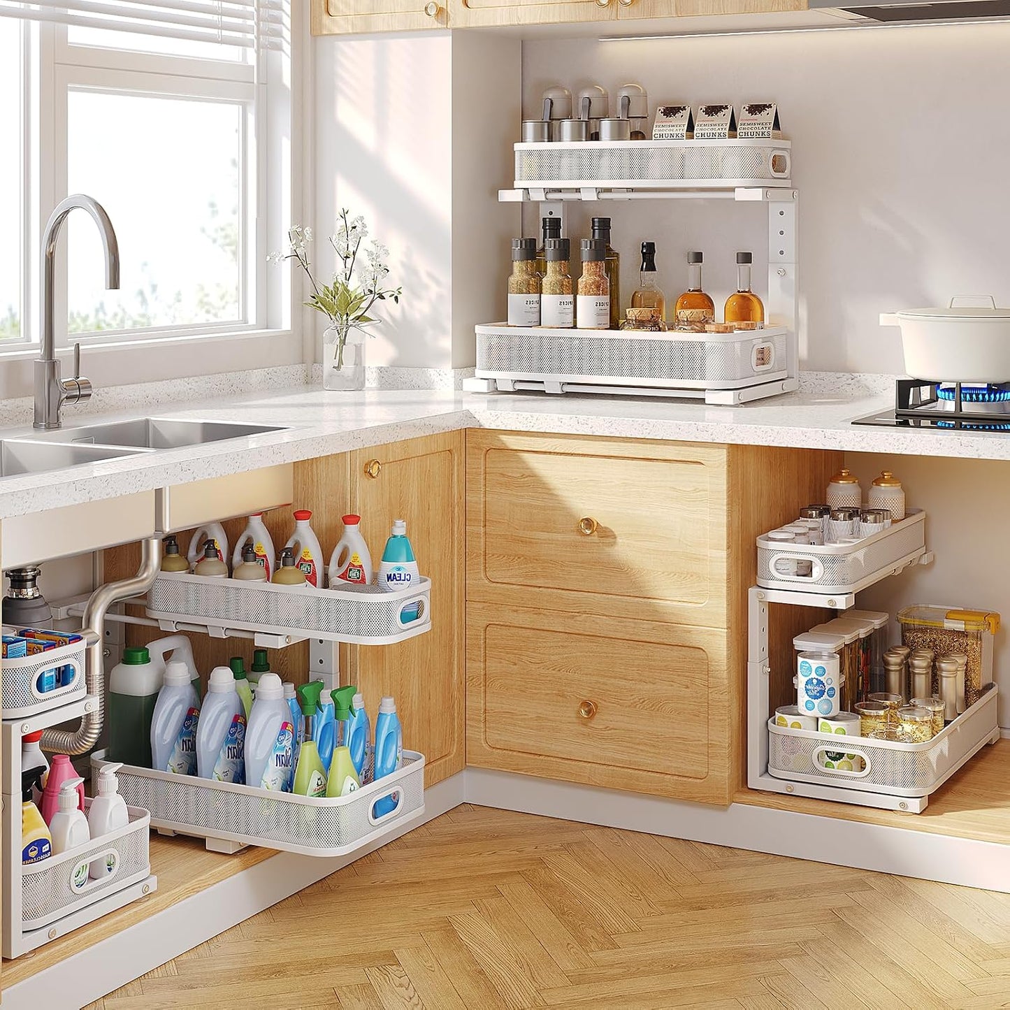 2 Pack Under Sink Organizer With Smooth Cylindrical Rail,2-Tier Pull Out Multi-Purpose Cabinet Storage for Bathroom&Kitchen,Height Adjustable,Rust-resistant Coating-White