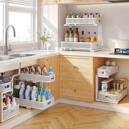 2 Pack Under Sink Organizer With Smooth Cylindrical Rail,2-Tier Pull Out Multi-Purpose Cabinet Storage for Bathroom&Kitchen,Height Adjustable,Rust-resistant Coating-White