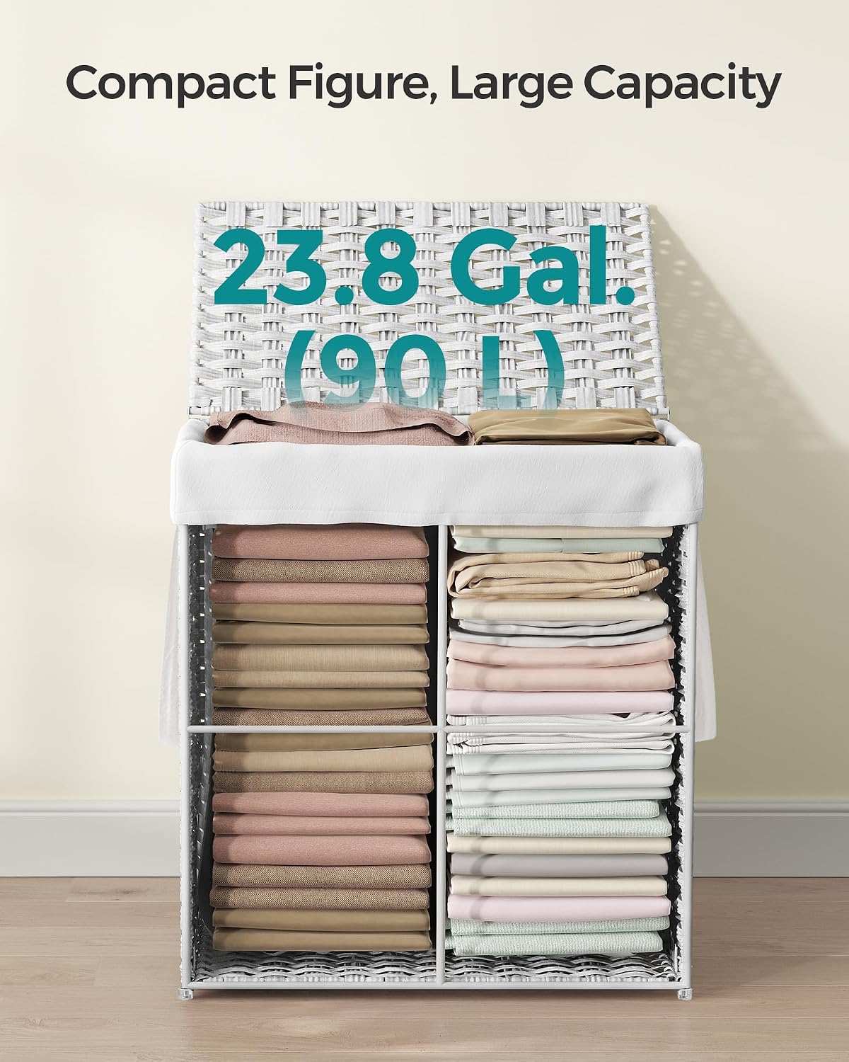 SONGMICS Laundry Hamper with Lid, 23.8 Gallon (90 L) Synthetic Rattan Clothes Laundry Basket with Lid and Handles, Foldable, Removable Liner, Chestnut Brown ULCB051K02