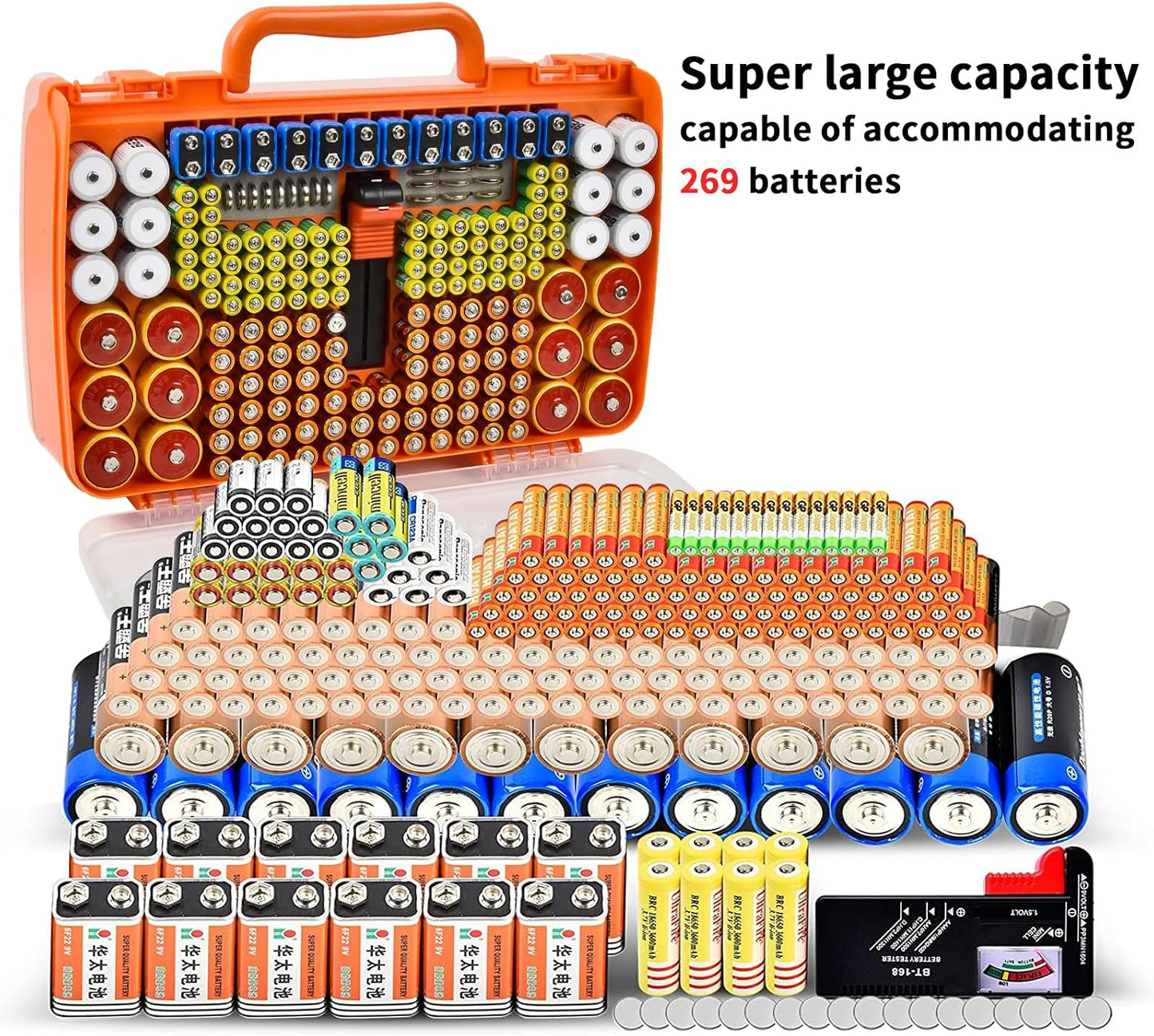 Battery Organizer Storage Case with Tester for 269 Batteries, Double Sides | Plastic, For AA AAA 4A C D Cell 9V 3V LR44 CR2 CR123 CR1632 18650 Button, Wall/Drawer, For Families/DIY/Home/Garage, Grey