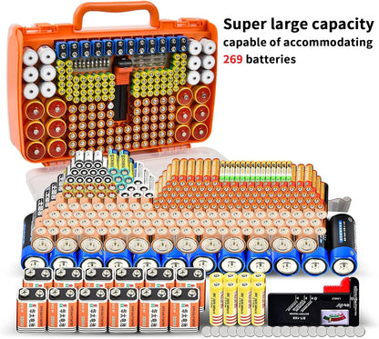 Battery Organizer Storage Case with Tester for 269 Batteries, Double Sides | Plastic, For AA AAA 4A C D Cell 9V 3V LR44 CR2 CR123 CR1632 18650 Button, Wall/Drawer, For Families/DIY/Home/Garage, Grey