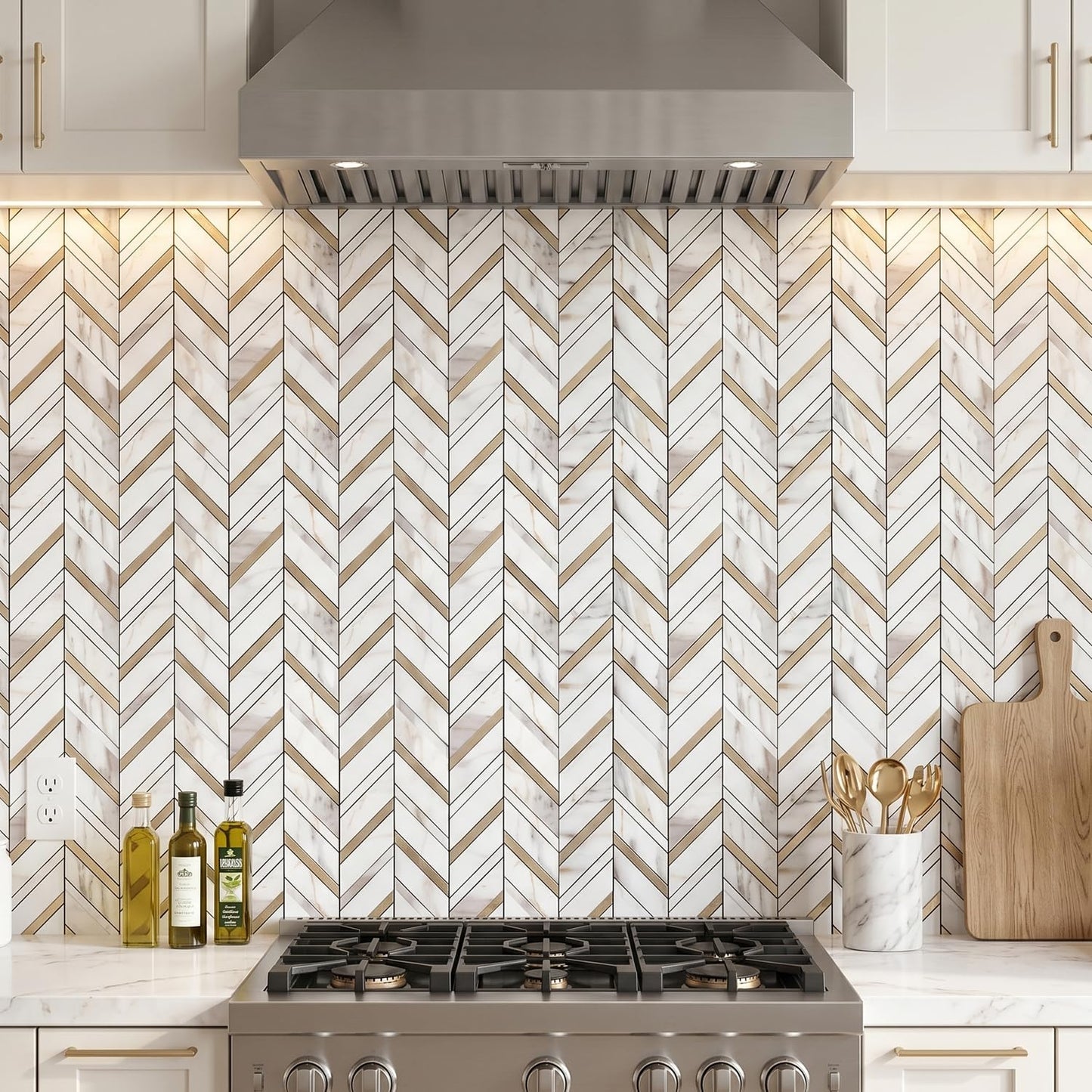 Yipscazo 10-Sheet Herringbone Backsplash Peel and Stick Tile, Polished White PVC Stick on Backsplash for Kitchen, Waterproof Self Adhesive Wall Tile for Bathroom