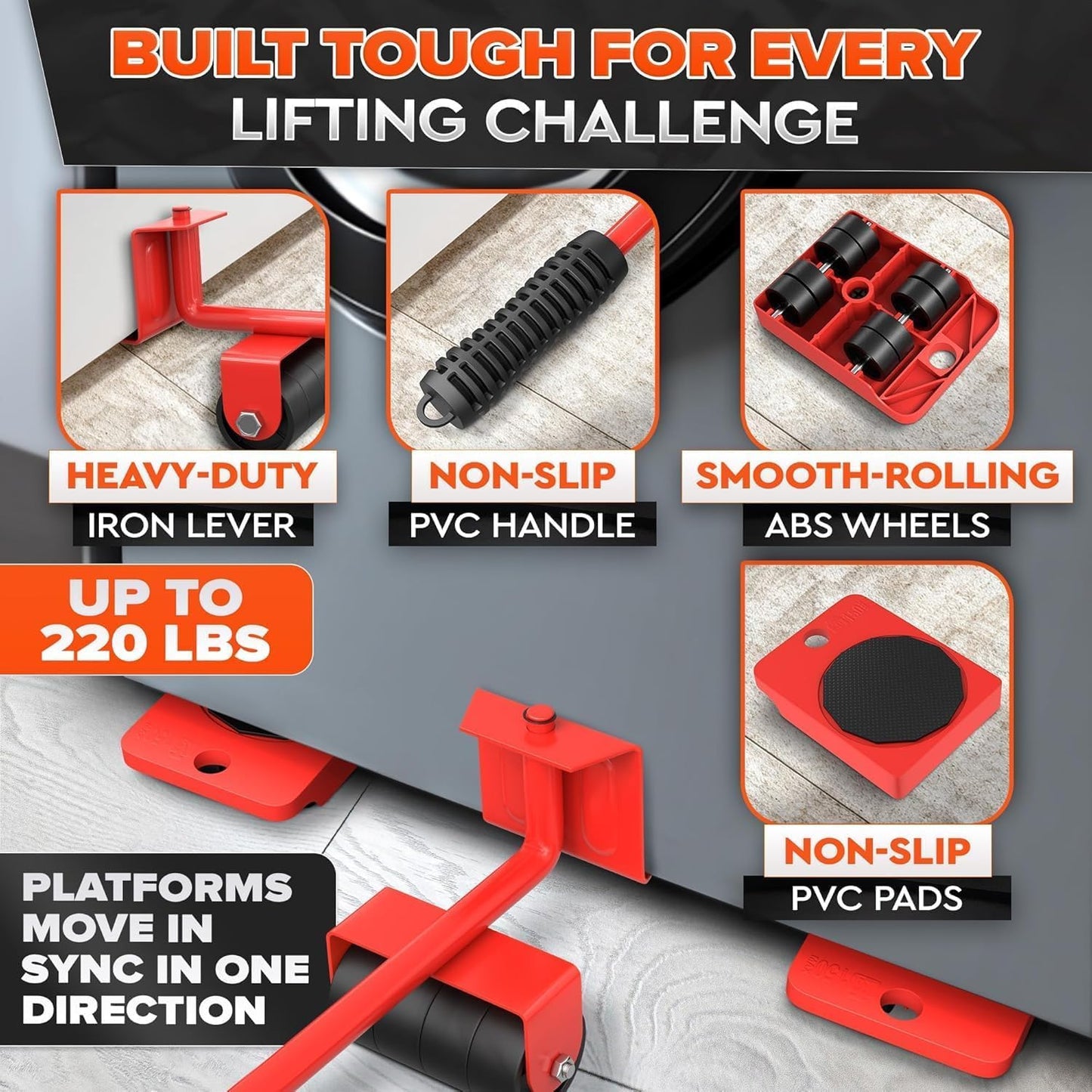Furniture Lifter Tool & Furniture Moving Sliders Set 360° Rotating Wheels Up to 220 lbs, Refrigerator Movers Sliders with Smooth Glide, Non-Scratch Design for Hardwood Floors, Home & Office Appliances