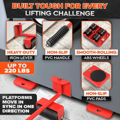 Furniture Lifter Tool & Furniture Moving Sliders Set 360° Rotating Wheels Up to 220 lbs, Refrigerator Movers Sliders with Smooth Glide, Non-Scratch Design for Hardwood Floors, Home & Office Appliances