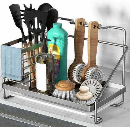 Sponge Holder for Kitchen Sink, Kitchen Sink Caddy Organizer Stainless Steel with Side Baskets, Rustproof and Non-Slip Organizer with Removable Drain Tray for Countertop Storage, Silver
