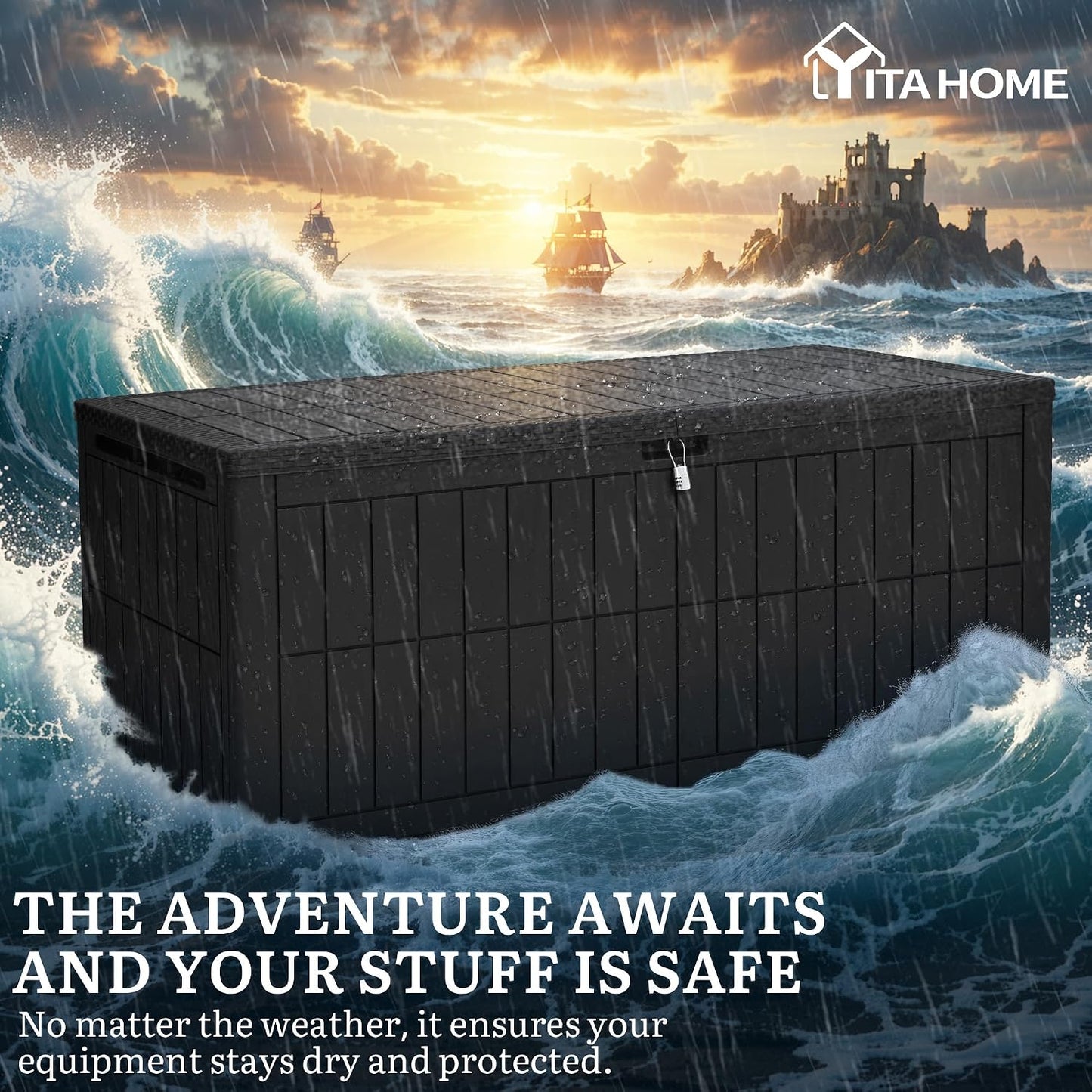 YITAHOME 240 Gallon Large Outdoor Storage Box XXL Resin Deck Box with Lock | Extra-Large Waterproof Patio Furniture Bin and 3-Person Bench Seating for Garden Tools & Pool Accessories, Black