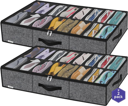 Onlyeasy Sturdy Under Bed Shoe Storage Organizer, Set of 2, Fit 12 to 24 Pairs, Underbed Shoes Closet Storage Solution with Clear Window, Breathable, L29.3 x W23.6 x H5.9, Linen-like Black, MXAUBSB2P