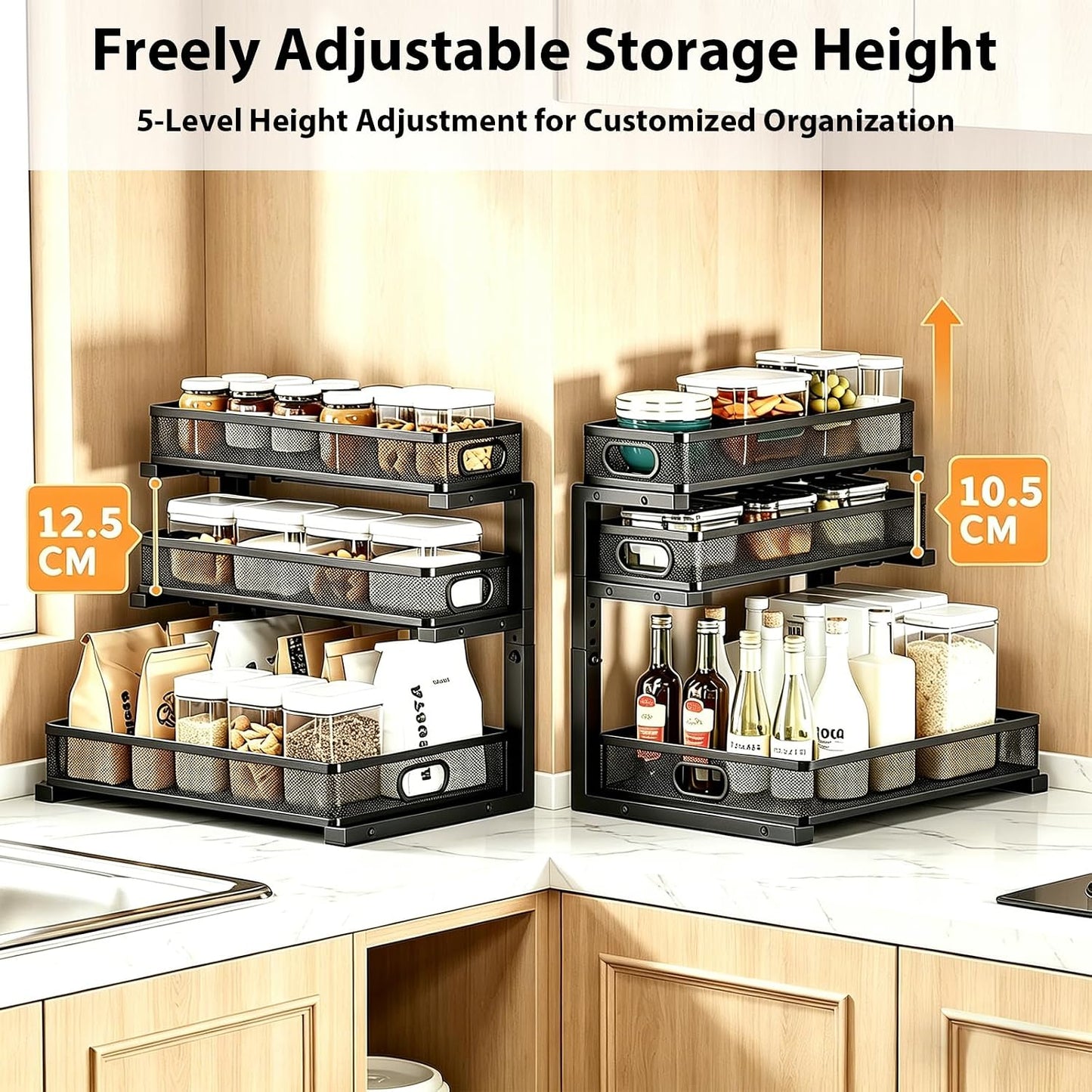 2 Pack Under Sink Organizer, 3-Tier Pull Out Kitchen Cabinet Organizer with 5 Adjustable Heights Metal Slide Out Bathroom Storage Makeup Drawer Rack for Bedroom Office Pantry Home Organization, White