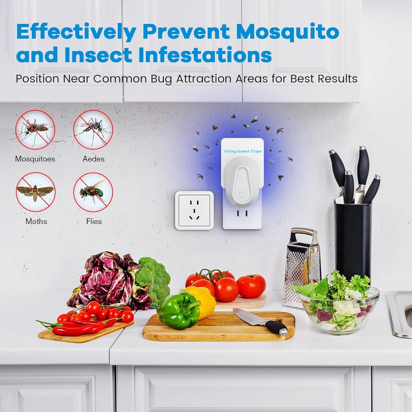 Indoor Fly Trap Plug-in Device, Fruit Fly and Gnat Trap with 2 Traps and 6 Sticky Refills, Flying Insect Catcher for Mosquitoes, Moths, and Household Flying Bugs (2, White)
