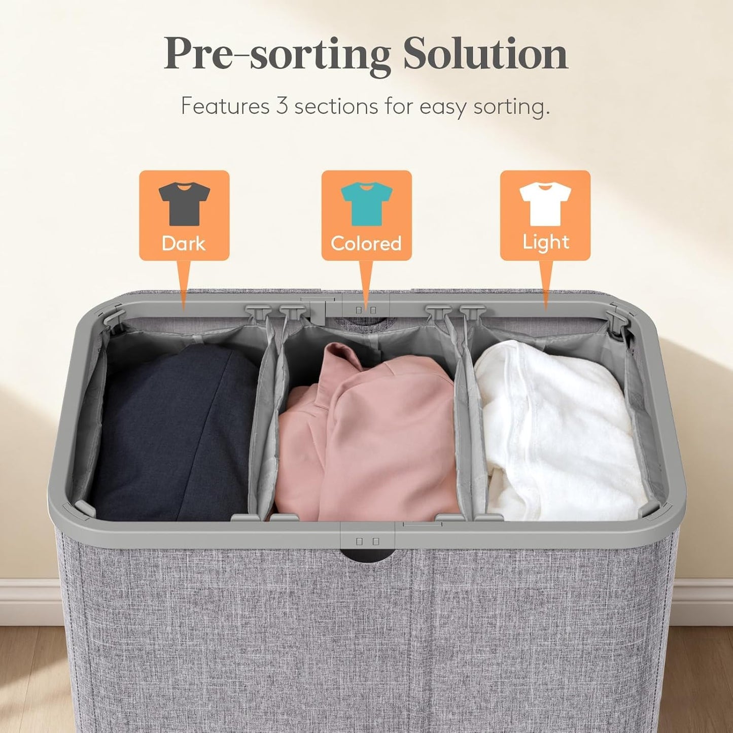 Lifewit 185L 3 Section Laundry Hamper with Lid, Large Laundry Basket with Handles and Removable Bags, Tall Clothes Hamper, Foldable Laundry Sorter for Bedroom Bathroom, Beige
