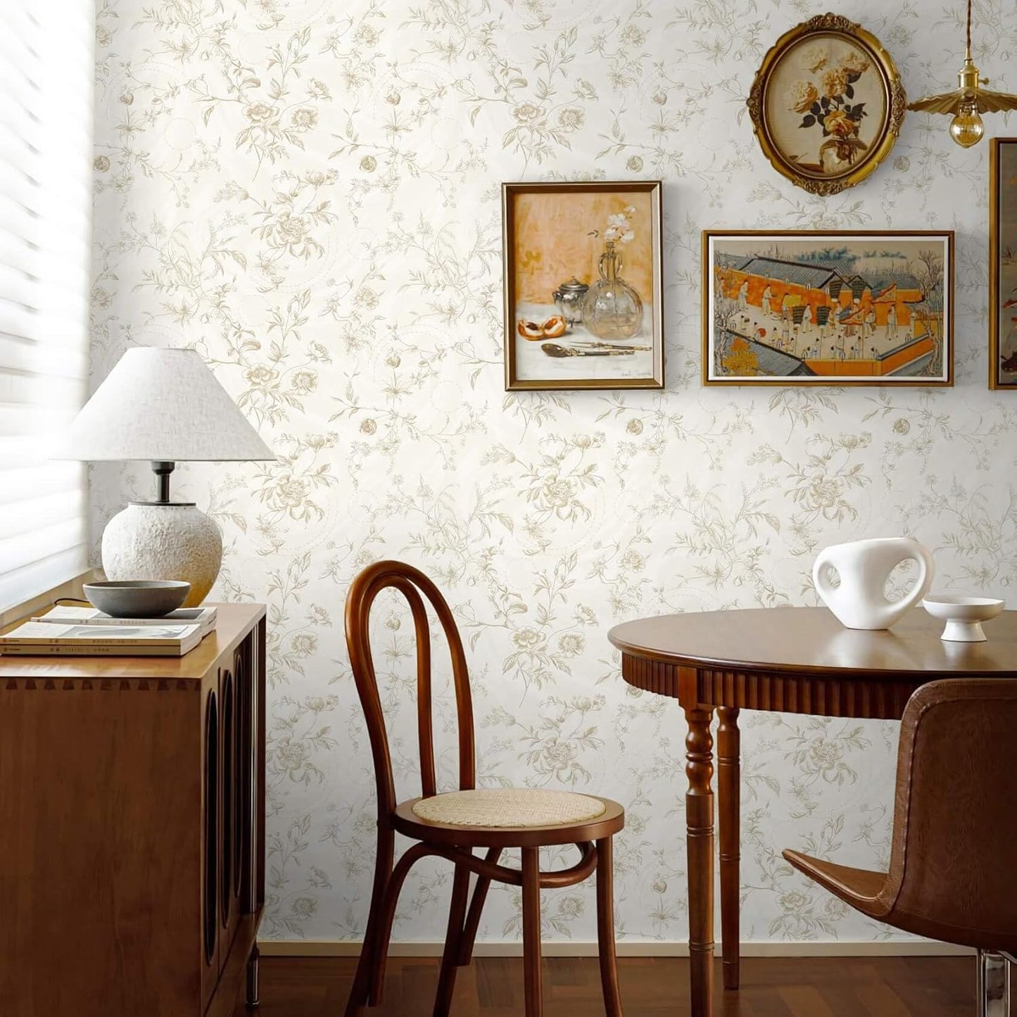 Ismoon Peel and Stick Wallpaper Floral Vintage Stick on Wall Paper Beige French Textured Contact Paper for Cabinet Removable Self Adhesive Wallpaper Vinyl Roll Shelf Deco, 17.3x78.7in
