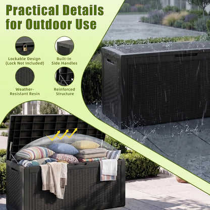 ROJIK 120 Gallon Waterproof Outdoor Deck Storage Box, Lockable Resin Patio Storage Bin with Lid for Garden Tools, Patio Cushions & Outdoor Accessories(Black)
