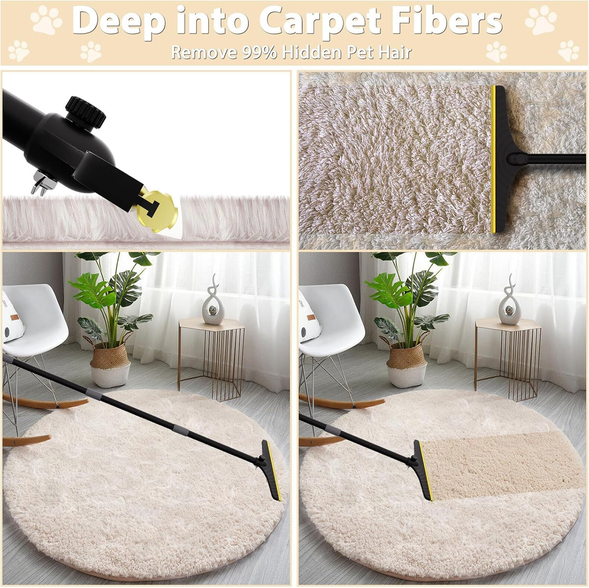 B-Land Carpet Rake for Pet Hair Removal, Reusable Pet Hair Remover with 60” Adjustable Long Handle, Carpet Scraper Broom Dog Cat Hair Remover Tool Fur Sweeper for Rugs, Mats