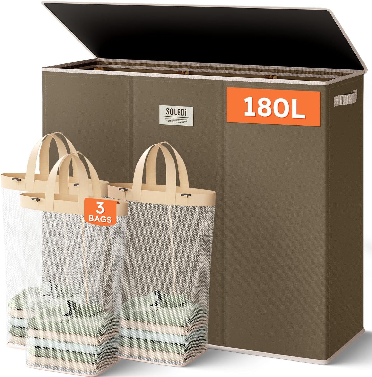 SOLEDI 180L Laundry Hamper 3 Section, Extra Large Laundry Hamper with Lid, Dirty Clothes Hamper with Sturdy Handle, Large Laundry Basket Organizer for Laundry Room, Bedroom, Hampers for Laundry