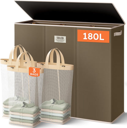SOLEDI 180L Laundry Hamper 3 Section, Extra Large Laundry Hamper with Lid, Dirty Clothes Hamper with Sturdy Handle, Large Laundry Basket Organizer for Laundry Room, Bedroom, Hampers for Laundry