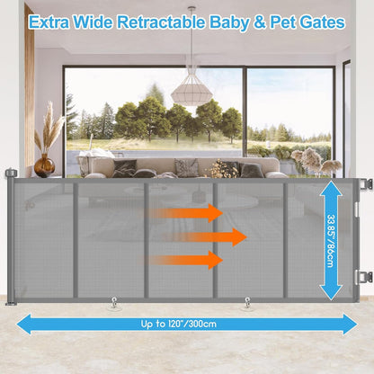 71 inch Retractable Baby Gates, EZIGO Extra Wide Baby Gate for Large Opening Extra Long Mesh Gate for Kids or Pet Dog Gate Child Safety Gate for Stairs Hallways Doorway Indoor Outdoor, Gray