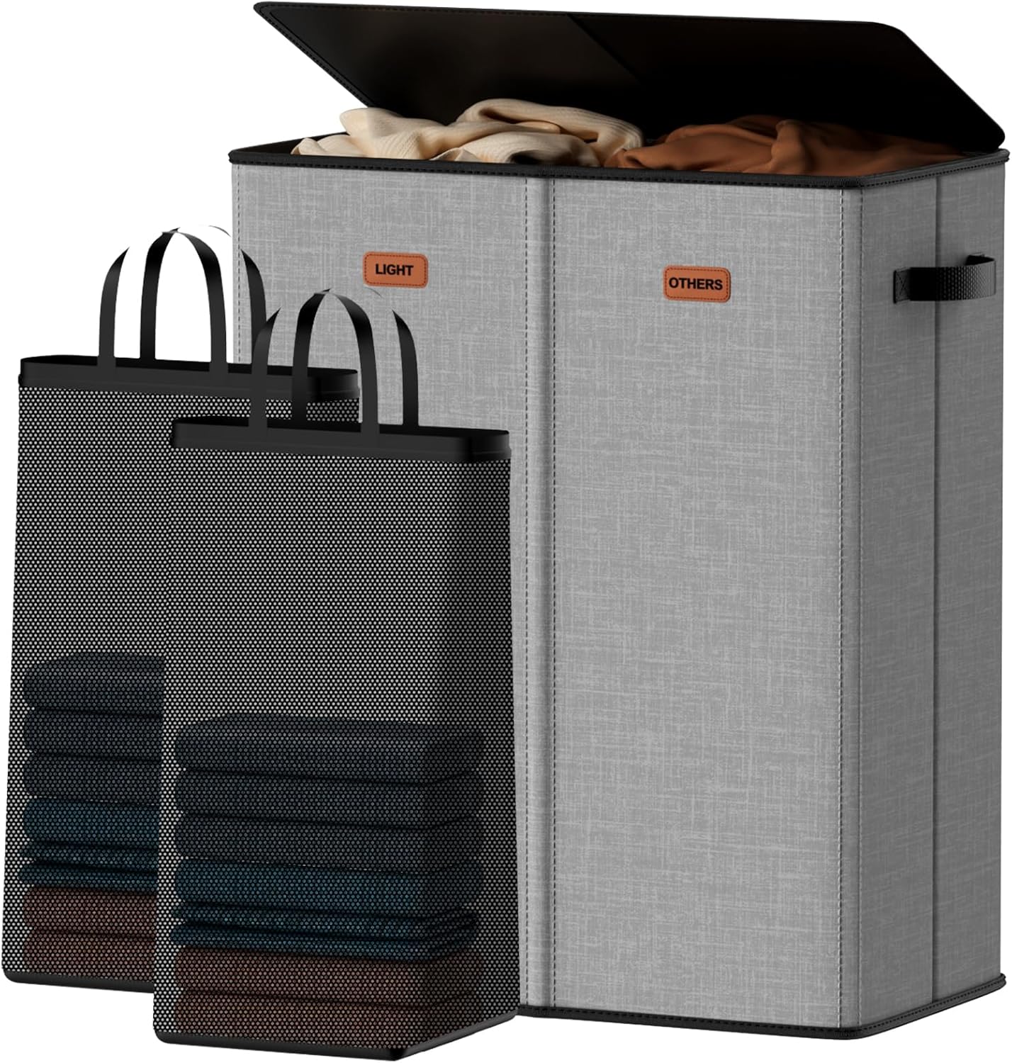 185L Laundry Hamper 3 Section, Laundry Hamper with Lid, Dirty Clothes Hamper with 3 Removable Washing Bags, Extra Large Laundry Basket Organizer for Bedroom, Laundry Room, Dorm - Black