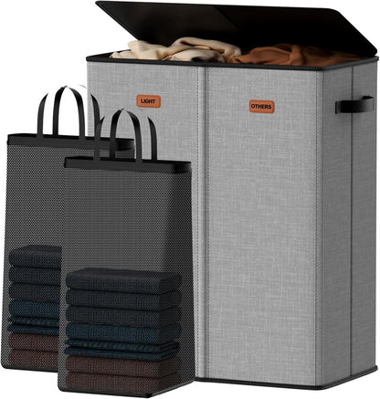 185L Laundry Hamper 3 Section, Laundry Hamper with Lid, Dirty Clothes Hamper with 3 Removable Washing Bags, Extra Large Laundry Basket Organizer for Bedroom, Laundry Room, Dorm - Black
