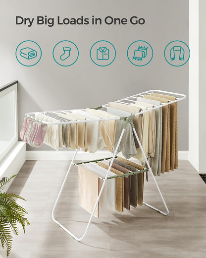 SONGMICS Clothes Drying Rack, with Sock Clips, Metal Laundry Rack, Foldable, Space-Saving, Free-Standing Airer, with 2 Height-Adjustable Gullwings, Indoor Outdoor Use, Gray ULLR052G01