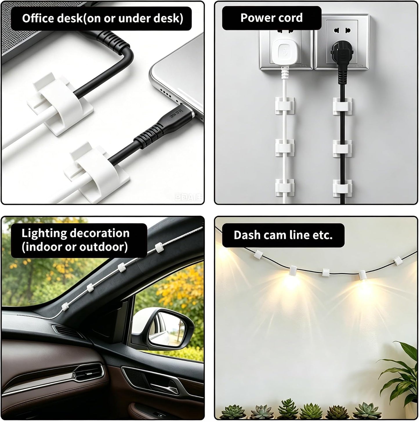 10 Pack Adhesive Cable Clips for Cord Management, Small Wire Holders for Desk Wall Car, Strong Sticky Cable Organizer for Phone Charger, USB, TV, Ethernet & More (10, Clear)