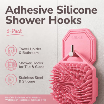SILKLE Adhesive Silicone Shower Hooks - Adhesive Wall Hooks & Towel Holder for Bathroom, Tile, Glass, No-Drill, Waterproof & Rustproof, Heavy-Duty Stainless Steel, Damage-Free Removal - 2 Pack, Brown