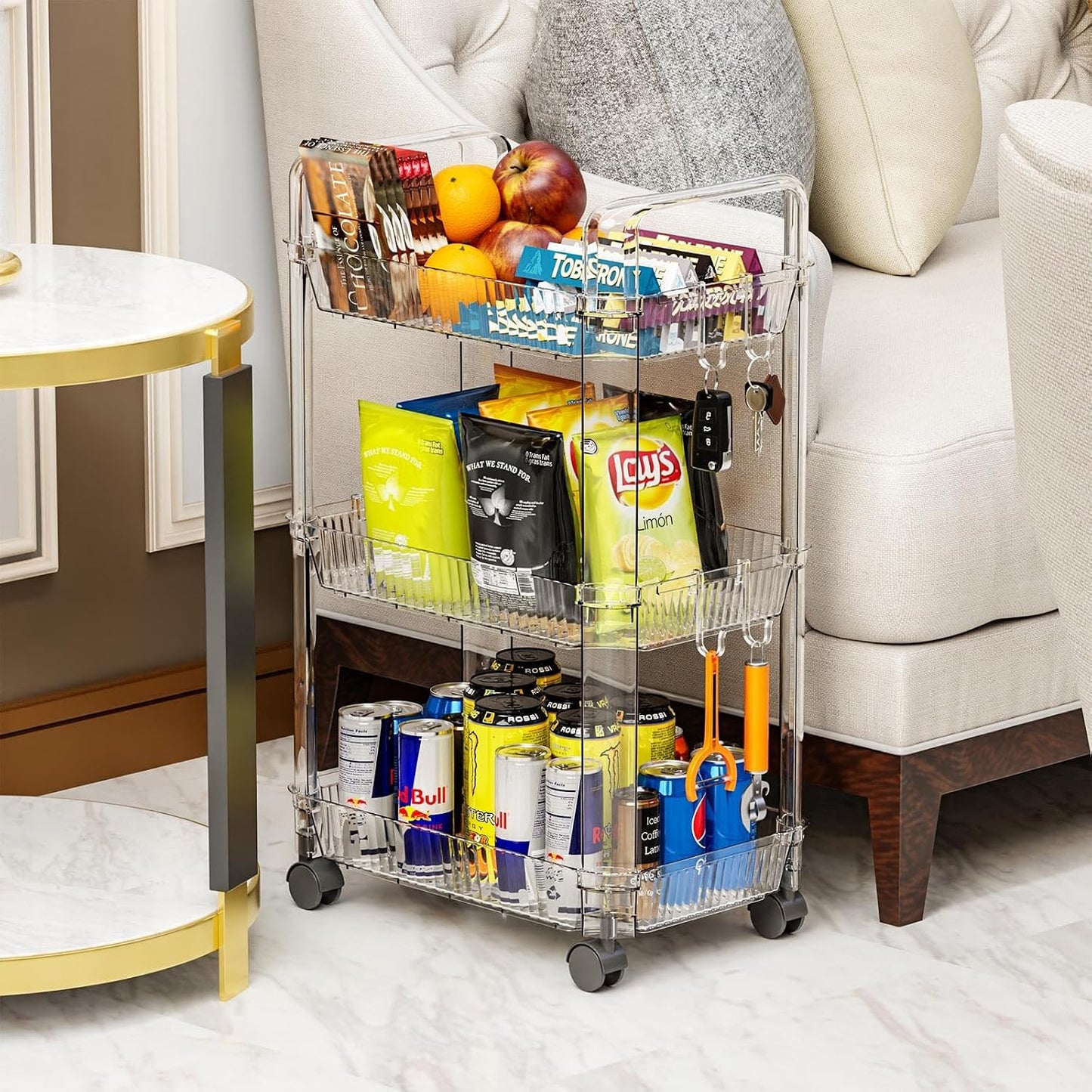 Yieach 3 Tier Rolling Cart with Wheels,Clear Narrow Bathroom Rack Organizer,Slim Storage Cart,Three Tier Thin Shelf and Narrow Rolling Utility Cart for Small Space Shelf,Dorm Room,Kitchen,Laundry