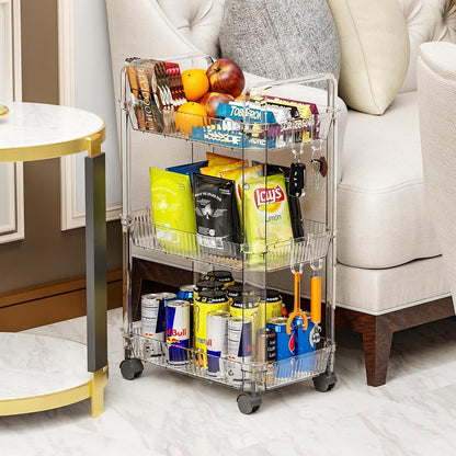 Yieach 3 Tier Rolling Cart with Wheels,Clear Narrow Bathroom Rack Organizer,Slim Storage Cart,Three Tier Thin Shelf and Narrow Rolling Utility Cart for Small Space Shelf,Dorm Room,Kitchen,Laundry