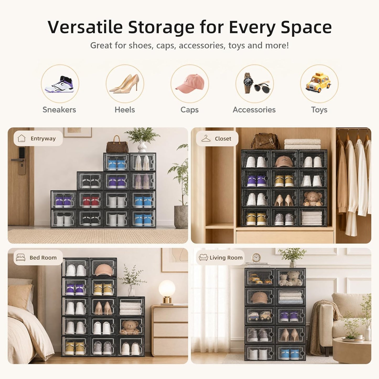 Kuject X-Large Shoe Storage Boxes Organizers for Closet 12 Pack, Fit Size 11,Clear Plastic Stackable Sneaker Containers for Entryway, Space Saving Shoe Rack, Brown