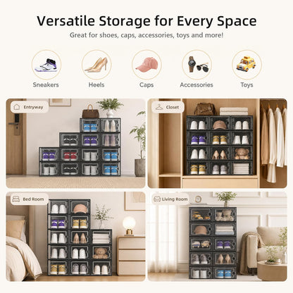 Kuject X-Large Shoe Storage Boxes Organizers for Closet 12 Pack, Fit Size 11,Clear Plastic Stackable Sneaker Containers for Entryway, Space Saving Shoe Rack, Brown