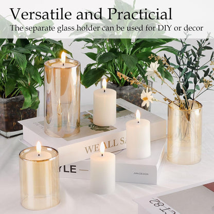 NURADA Flameless Candles with Remote Timer - Glass Real Wax 3D Wick LED Pillar Votive Candle Set Battery Operated Flickering Light for Home Christmas Decoration - White 3 Pack