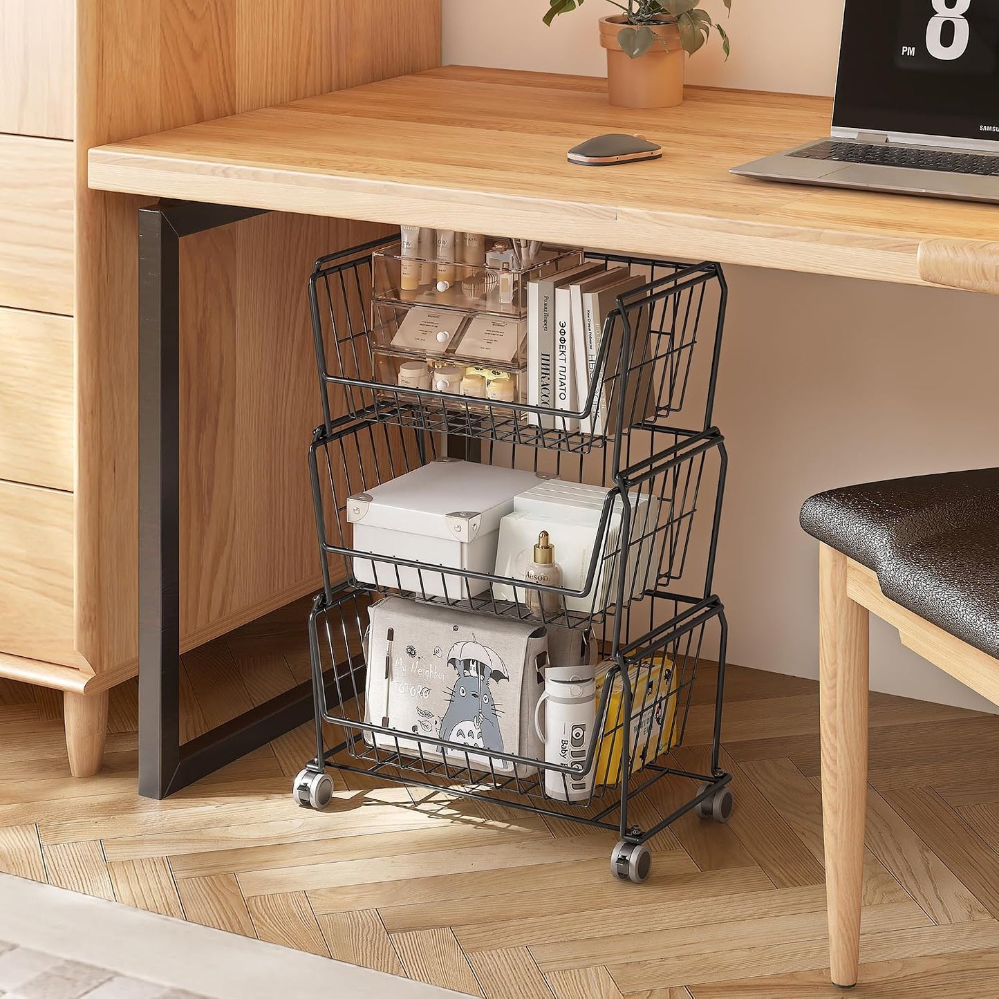 PUSDON 6-Tier Tall Stackable Wire Storage Baskets with Wheels, Vertical Metal Rolling Utility Cart, High Capacity Produce Basket for Kitchen Pantry, Snack Organizer, Matte Black