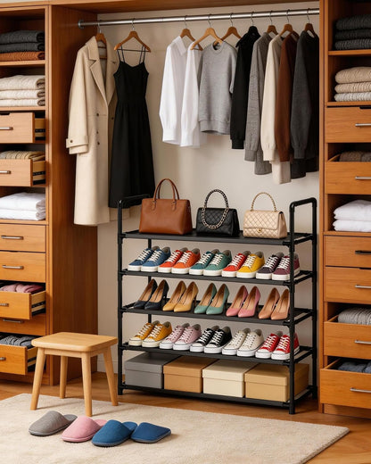 5 Tier Tall Shoe Rack Large Capacity, 34.5" Wide Entryway Shoe Organizer, Stackable Metal Frame Waterproof Nonwoven Shelves, Holds 20-25 Pairs, Space Saving Storage for Closet Hallway Garage, Black