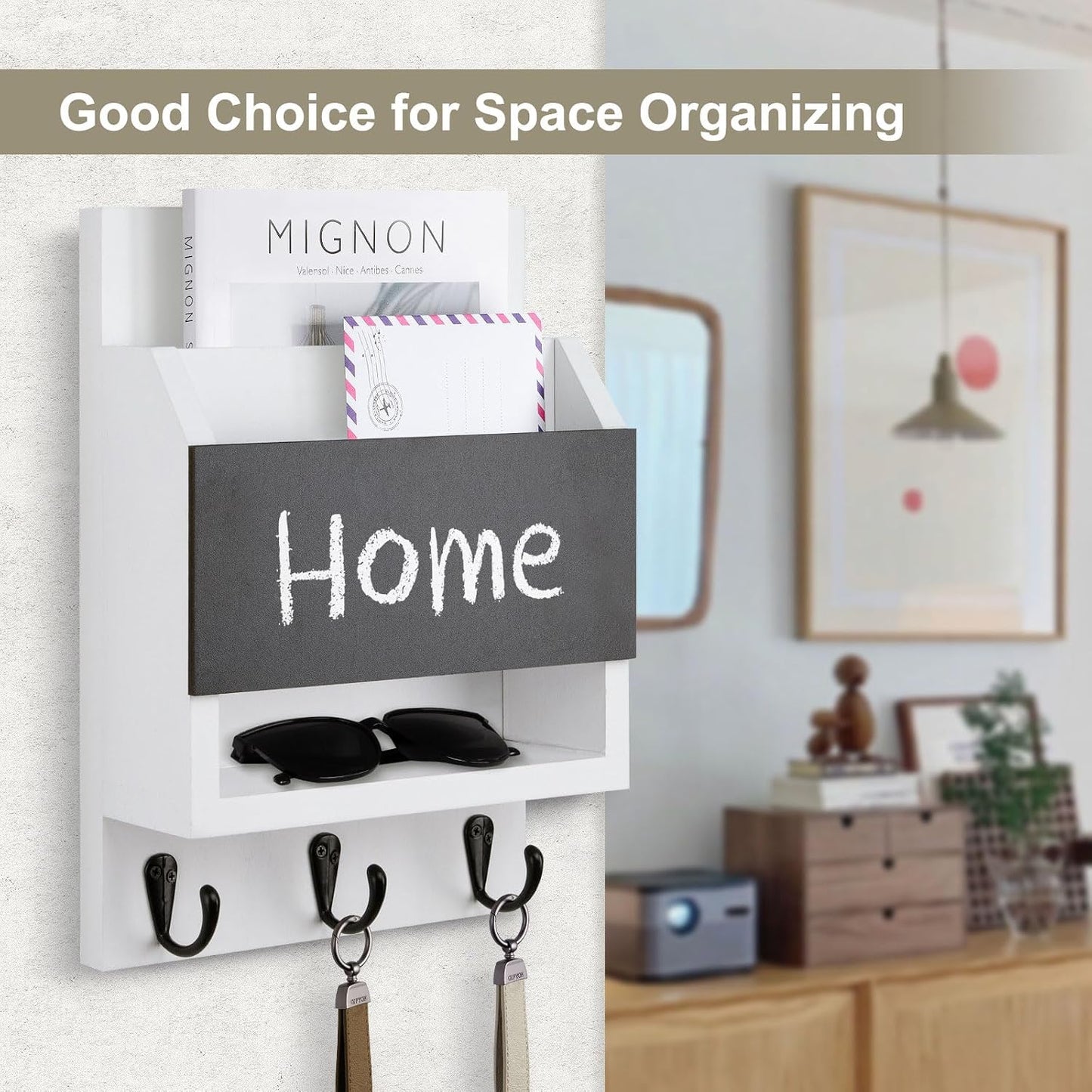 Key and Mail Holder for Wall, Key Holder with Chalkboard and Long Storage Box, Key Hanger with 3 Sturdy Hooks for Coat, Dog Leash, Entryway Mail Organizer (Black)