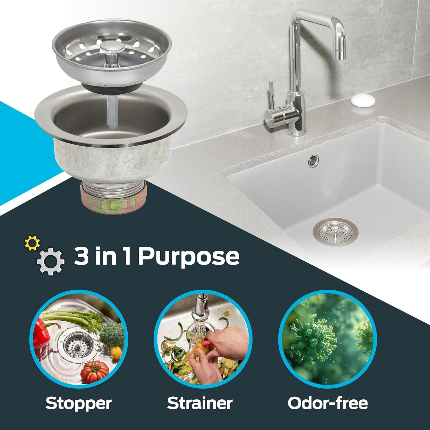 EZ-FLO Double Cup Kitchen Sink Drain Assembly, Sink Strainer fits 3-1/2 inch to 4 inch Opening, 1-7/8 inch Extended Shank, Stainless Steel, 30019