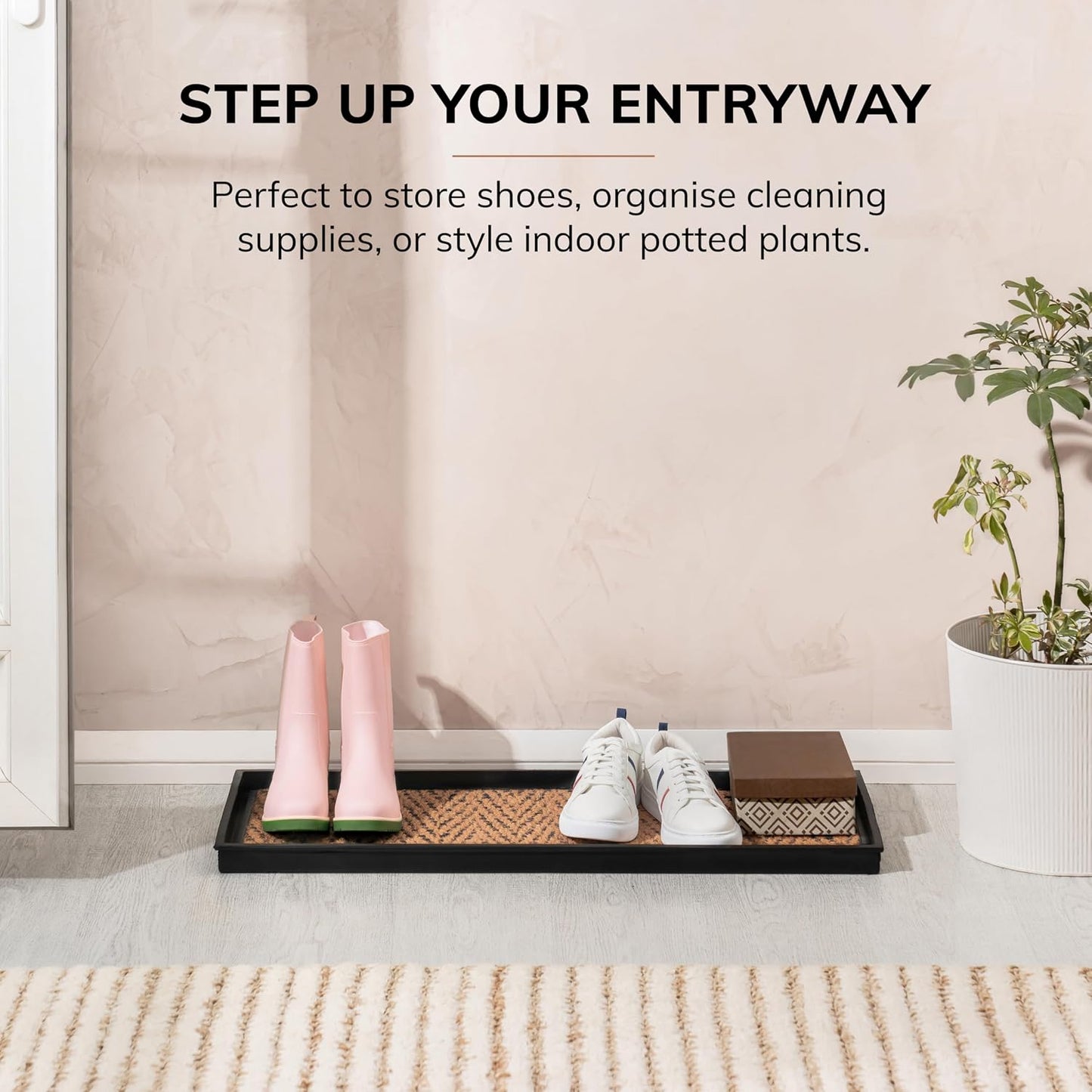 Anji Mountain Heavy Duty Waterproof Rubber Shoe Storage Mat Organizer/Boot Storage Tray Multi Use For Entryway with Coir, Tan and Khaki Insert , Fits 4 Pair (46.5" Wide)