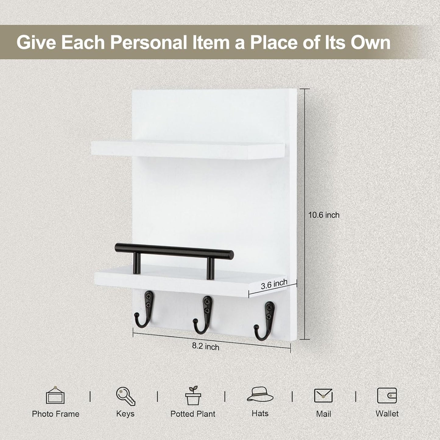 Key Holder Wall Mount, Mail Shelf Decor with 3 Key Hooks, Versatile Wood Wall Organizer for Entryway Hallway (8.2” x 10.6”x 3.6”) (White)
