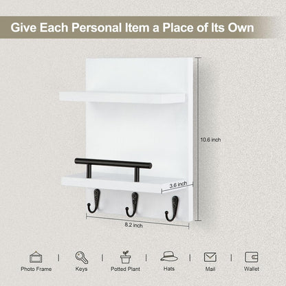 Key Holder Wall Mount, Mail Shelf Decor with 3 Key Hooks, Versatile Wood Wall Organizer for Entryway Hallway (8.2” x 10.6”x 3.6”) (White)