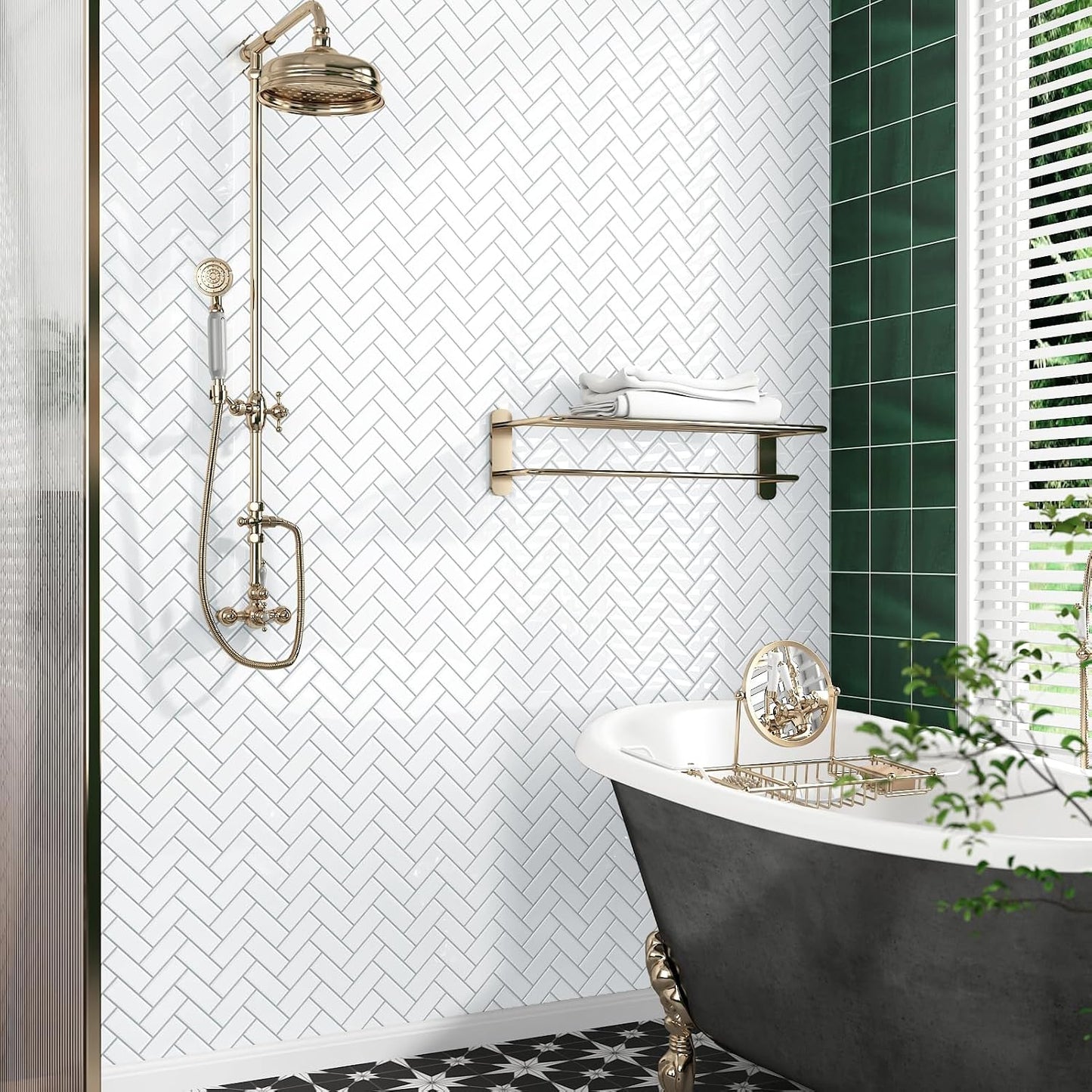 Peel and Stick Backsplash Herringbone White 10 Sheet Peel and Stick Shower Tile Waterproof 3D Tile Sticker Glossy Self Adhesive Renter Friendly Backsplash Herringbone for Kitchen Bathroom Laundry Room