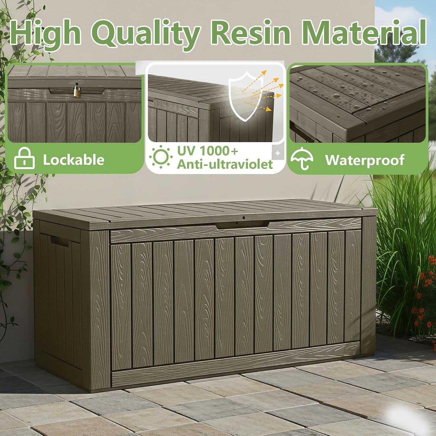 KAMABOKO 31 Gallon Outdoor Storage Box, Resin Deck Boxes Indoor and outdoor, Waterproof Storage Box Lockable Lid for Garden Tools, Package Delivery, Pool Supplies, Patio Cushions, Black