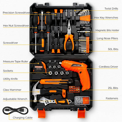 140 Piece Basic Tool Set, Portable Tool Box with Cordless Drill, Home Repair Hand Tool Kit, General Household Drill Set, Toolbox with Storage Case for Homeowner, DIY, Handyman, Women, Men